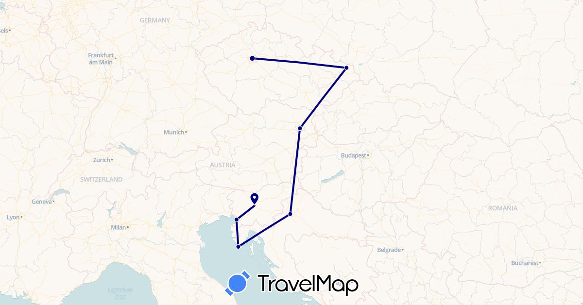 TravelMap itinerary: driving in Austria, Czech Republic, Croatia, Italy, Slovenia (Europe)